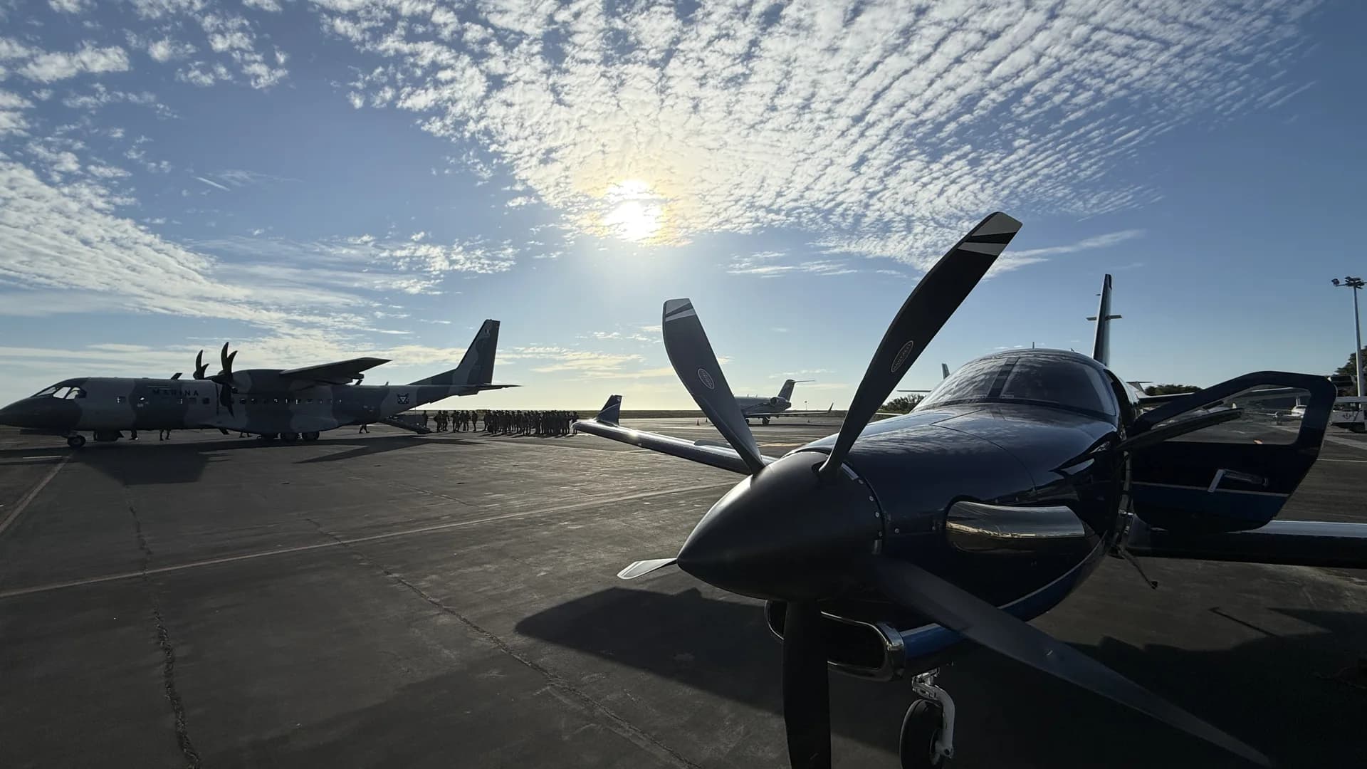 A turboprop aircraft parked on the ramp at MMZO.