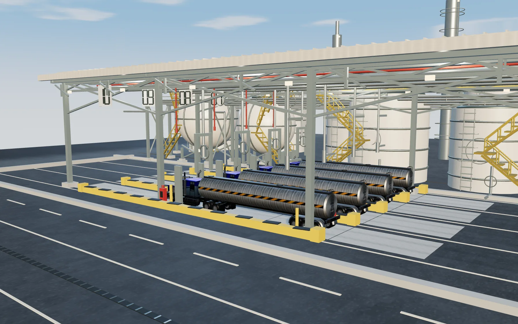 Three-dimensional scene of a fuel tanker entering a terminal's loading bays.