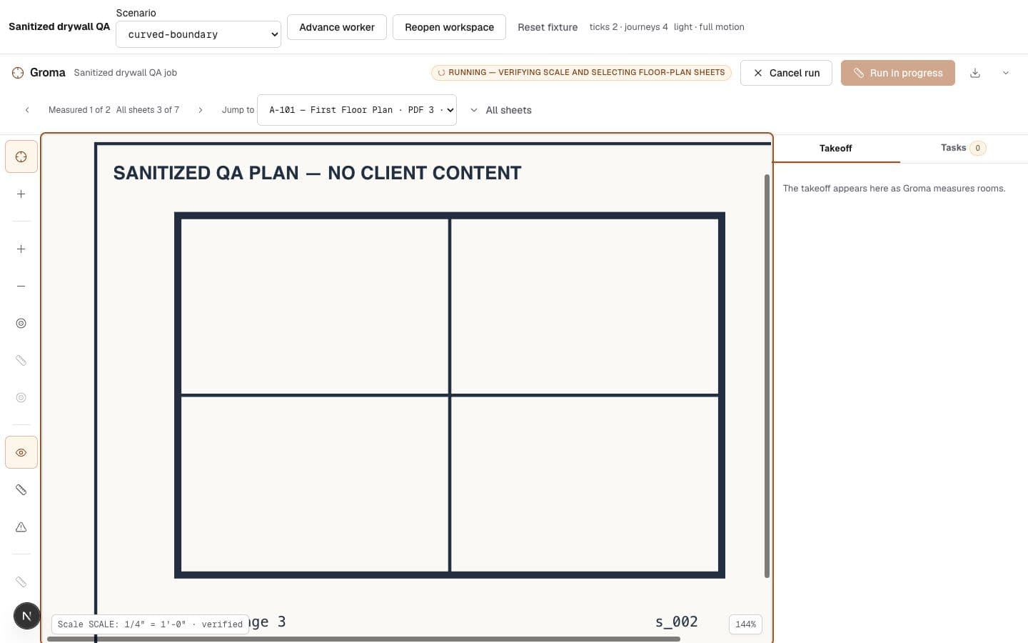 Groma QA interface with a synthetic two-by-two room plan and test controls.