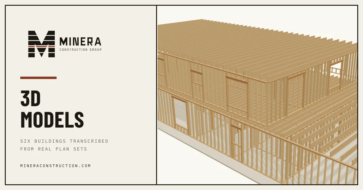 Six three-dimensional building models created from real plan sets.
